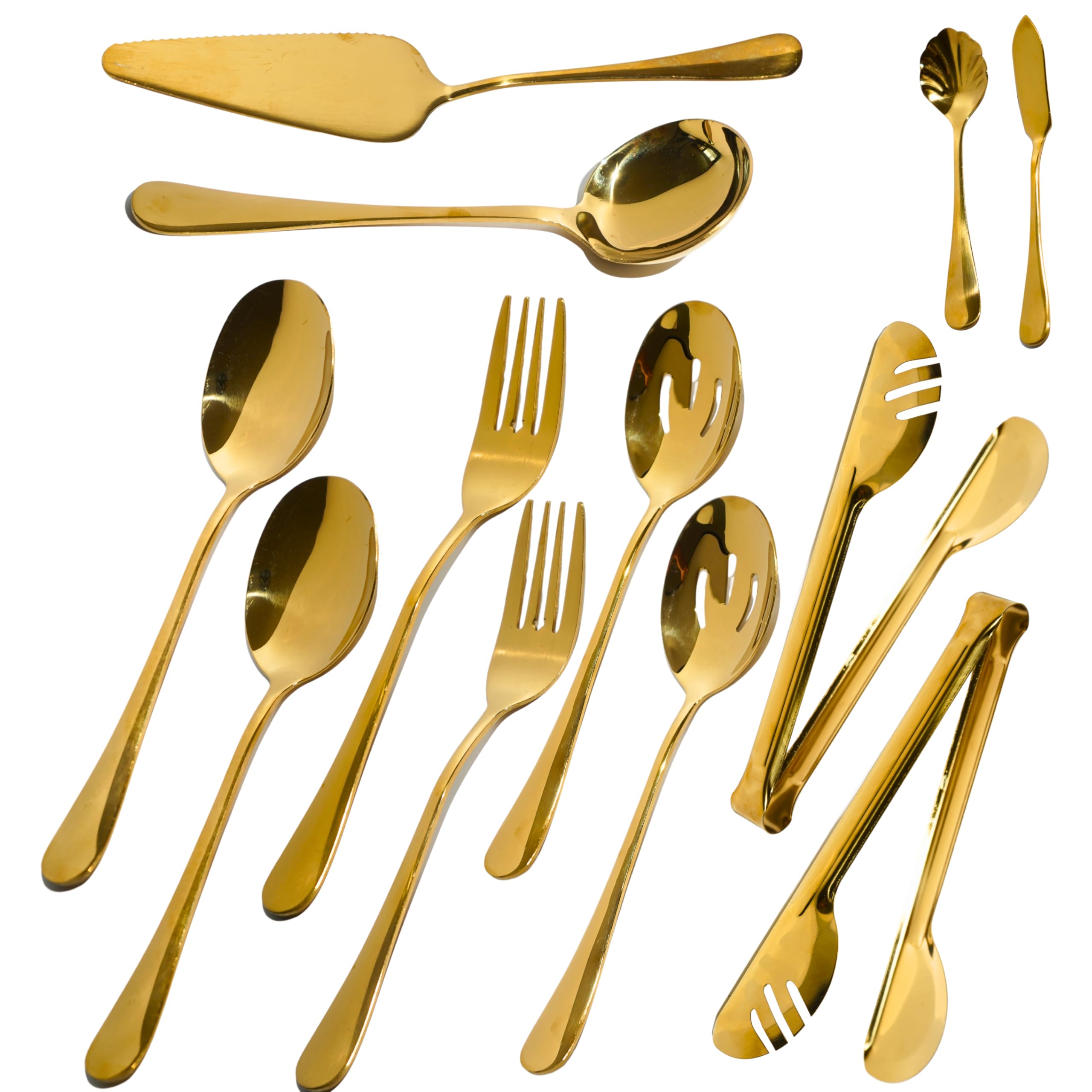 12Pcs Gold Stainless Steel Serving Utensils Set for Parties Buffet, Gold Serving Utensils Set Includes Large Serving, Slotted & Tea Spoon, Soup Ladle, Fork, Tong, Butter Knife & Pie Server