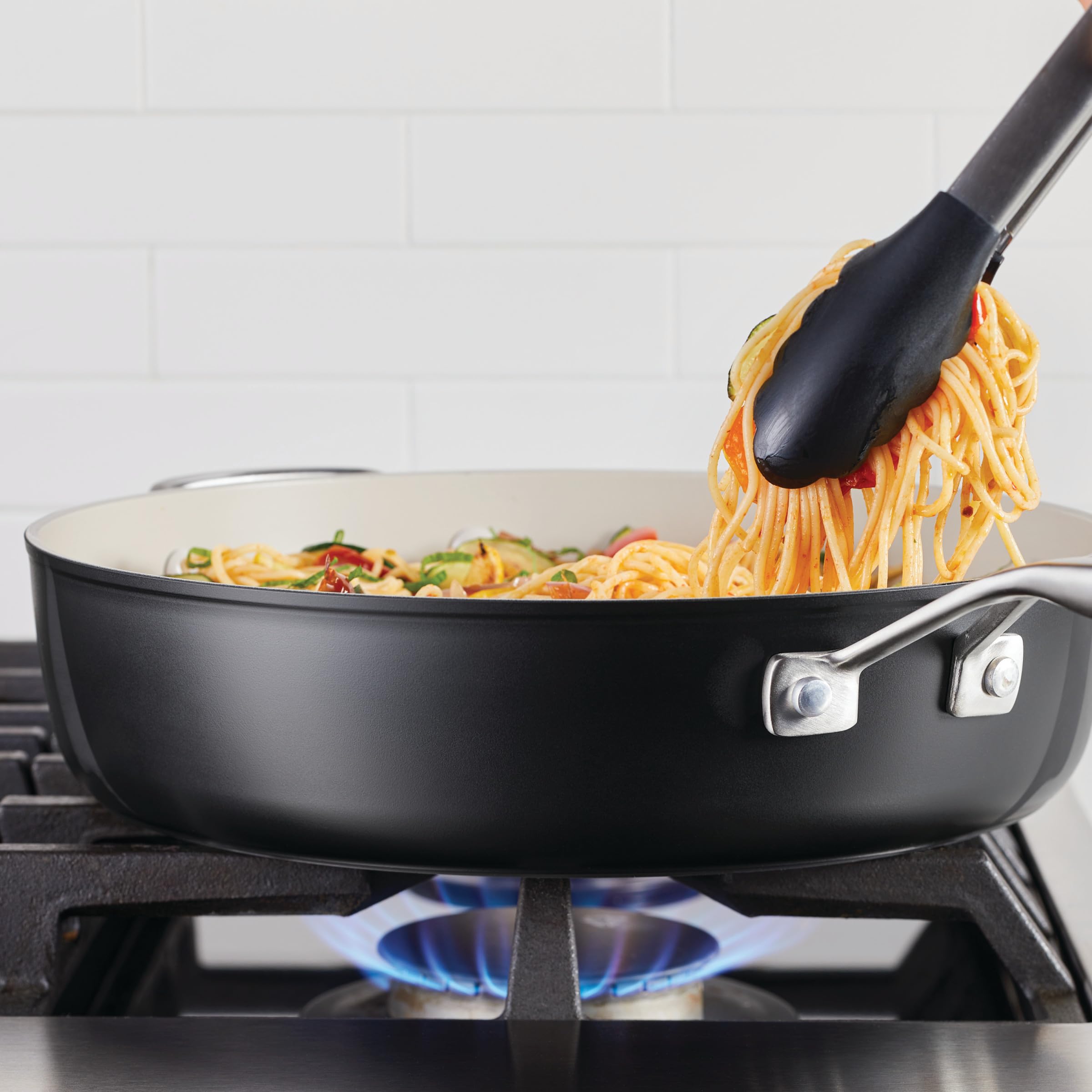 KitchenAid Hard Anodized Ceramic 5-Quart Nonstick Sauté Pan with Shatter-Resistant Lid & Riveted Handle – Durable, Even Heating, Easy Clean, Oven Safe to 500°F, Matte Black