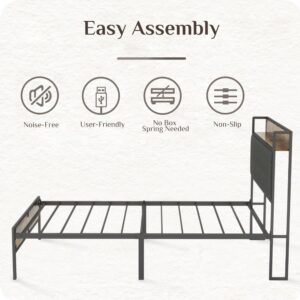 DALISK Twin Size Platform Bed Frame with Upholstered Headboard, USB Ports Charging Station, No Box Spring Needed, Strong Support & Noise Free, Easy Assembly