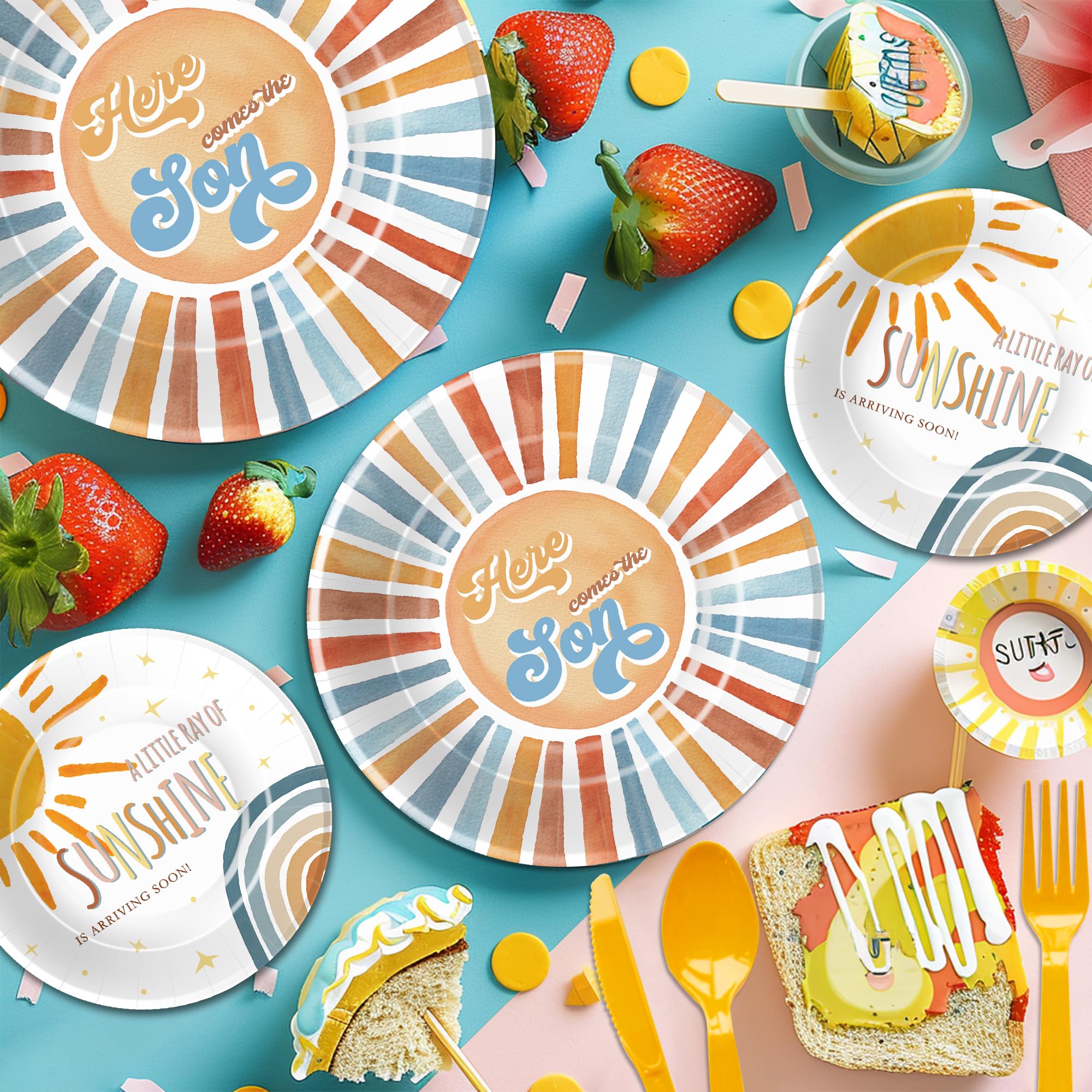 YJRJSC Here Comes The Son Baby Shower Decorations Tableware Boy, Boho Rainbow Sun Baby Shower Party Supplies, Plate, Cup, Napkin, Tablecloth, Cutlery, Sunshine Baby Shower Table Decorations | Serve 24