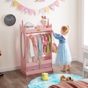 GTOLV Kids Dress Up Storage with Mirror, Kids Armoire with Non-Woven Drawers, Open Costume Closet with Hanging Rack for Toddlers (Pink)