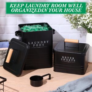 Yaocom 2 Pcs Laundry Pod Container with Dryer Sheet Holder for Laundry Room Farmhouse Detergent Storage Box with Lid Handle Metal Laundry Dryer Sheet Dispenser Laundry Room Organization Decor (Black)