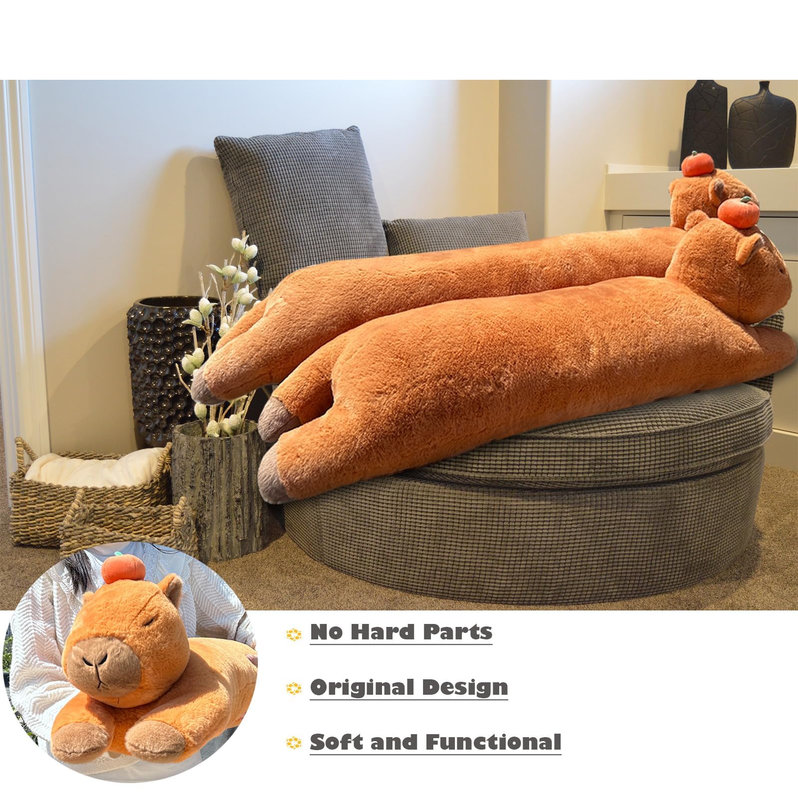 Hofun4U Capybara Plush Pillow, Capybara Stuffed Animal with Persimmon Plush, Capybara Plush Long Body Pillow (35 inch)