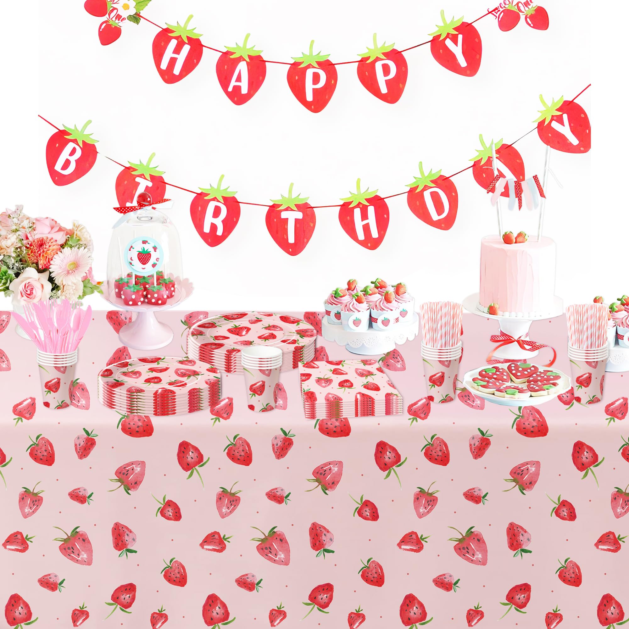 YJRJSC Strawberry Party Decorations Tableware - Strawberry Birthday Party Supplies, Paper Plate, Cup, Napkin, Tablecloth, Disposable Cutlery, Berry Sweet Birthday Baby Shower Decorations | Serve 24