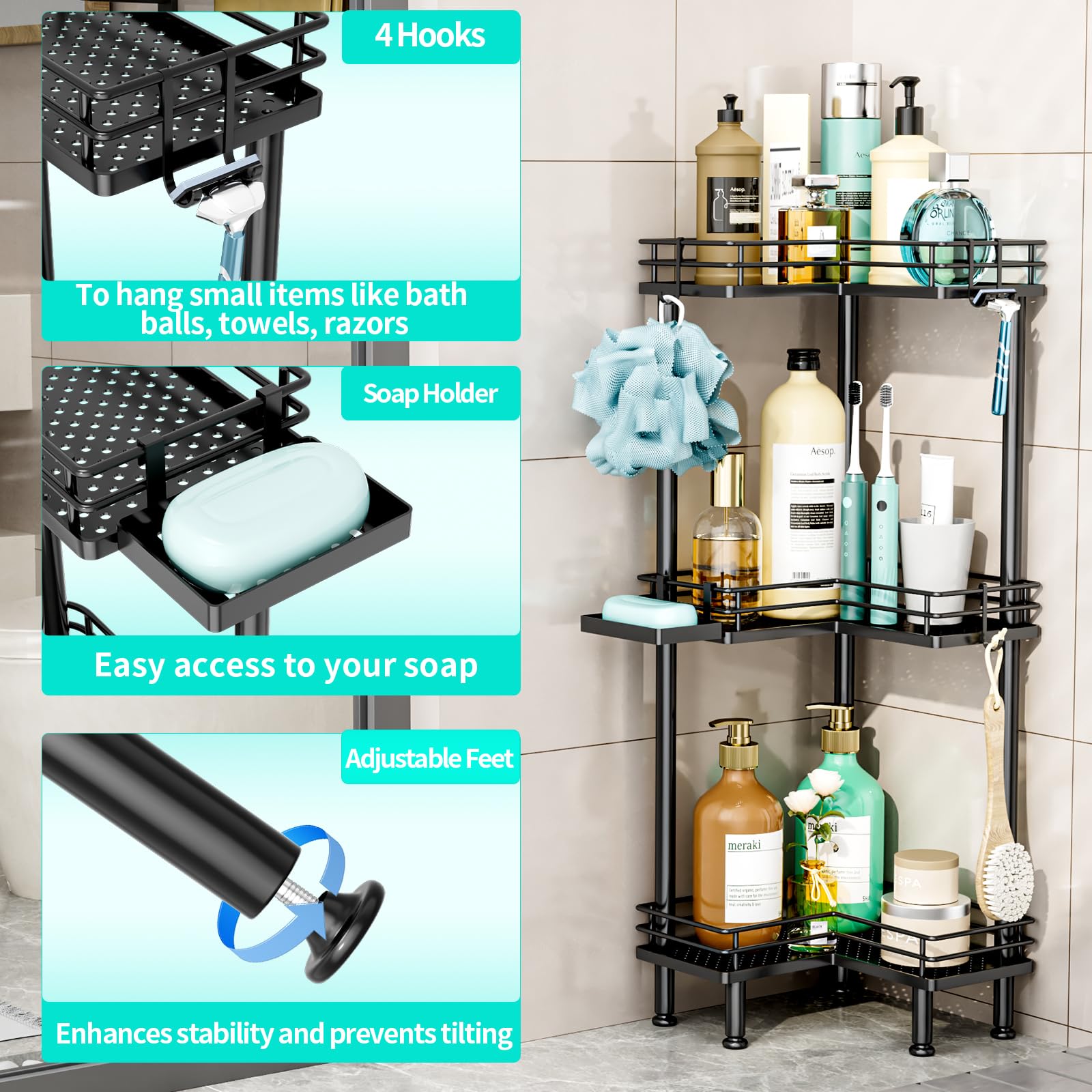 HapiRm Corner Shower Caddy Standing - 3 Tier Shower Organizer Corner with Soap Holder, Rustproof Shower Shelves with 4 Hooks for Bathroom, Black