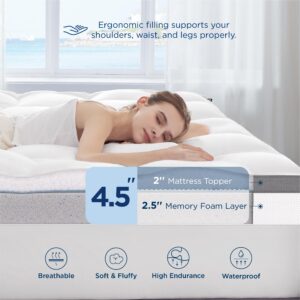 Bedsure 4.5 Inch Memory Foam Mattress Topper Queen Size, Dual Layer 2.5 Inch Gel Memory Foam & 2 Inch Waterproof Pillow Top Cooling Mattress Pad, Deep Pocket Fits 8"-21" Mattresses, Medium Support