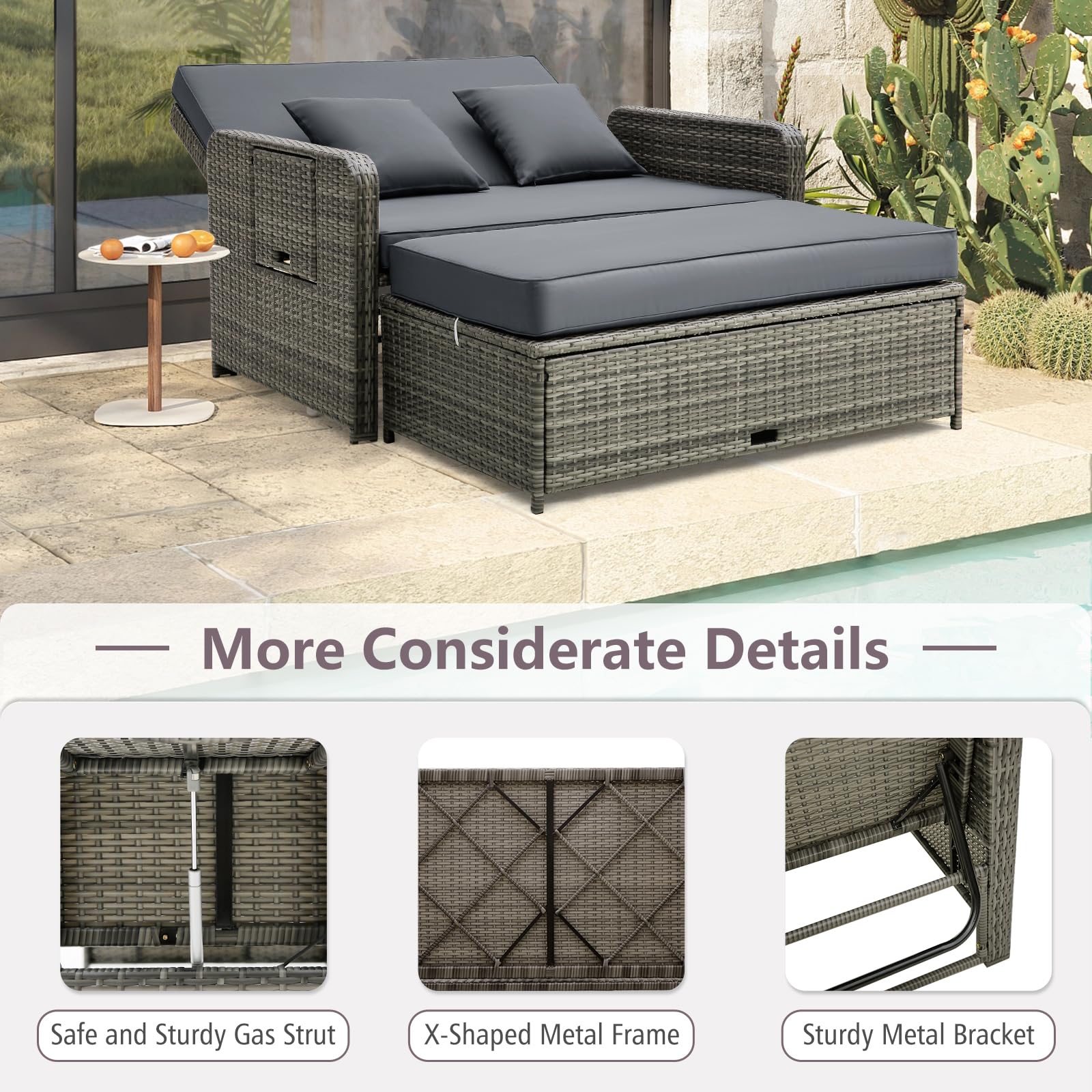 Tangkula Patio Rattan Daybed Set, Wicker Loveseat Sofa w/Multipurpose Ottoman & Retractable Side Tray, 4-Level Adjustable Backrest, Footstool w/Storage, Seat & Back Cushion Included (Gray)