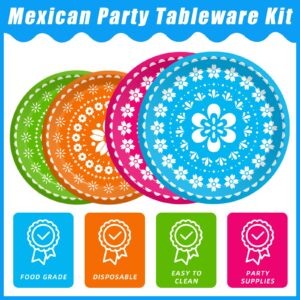 Kepeel 96 Pcs Fiesta Party Plates, Mexican Cinco De Mayo Party Decorations Supplies Mexican Papel Picado Disposable Paper Plates Napkins for Taco Carnival Birthday Baby Shower Tableware, Serves 24