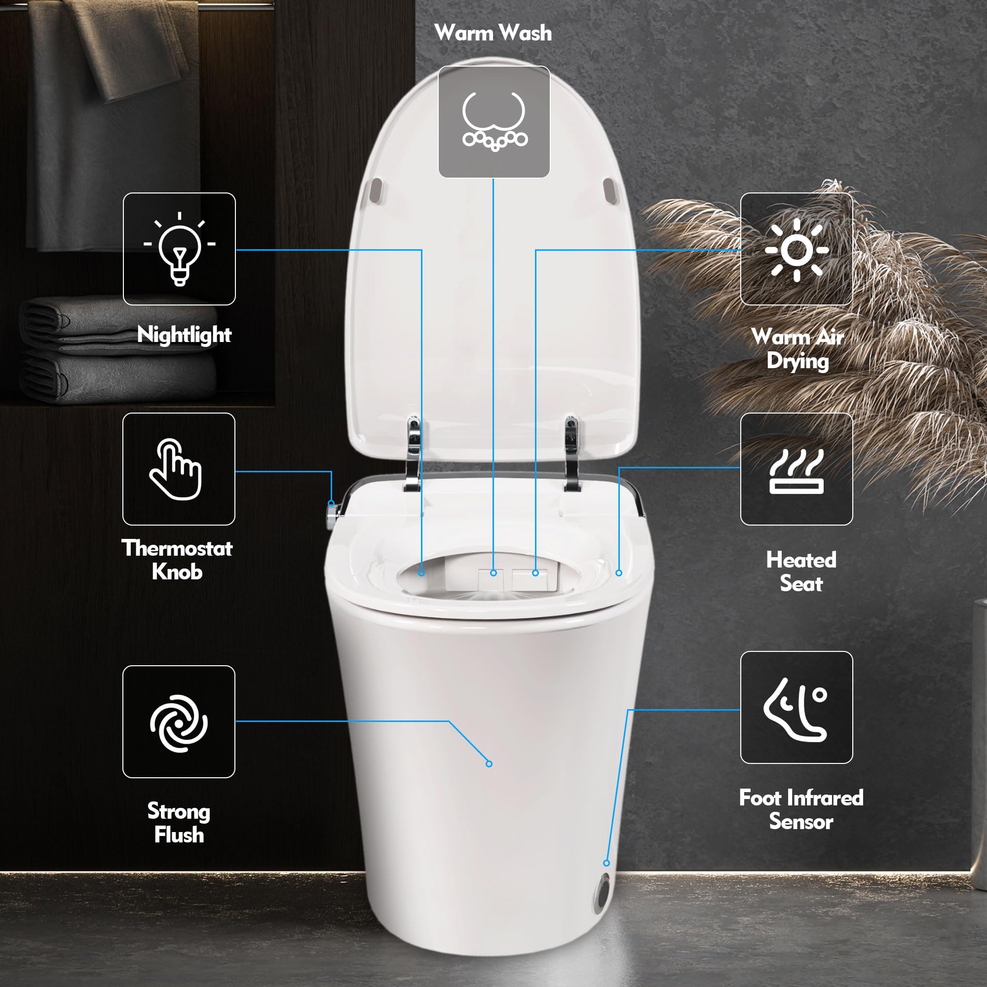 Luxury Smart Toilet with Dryer and warm water, Elongated Bidet Toilet with Heated Seat, with Remote Control, LED Night Light, Power Outage Flushing, Soft Close Cover,White