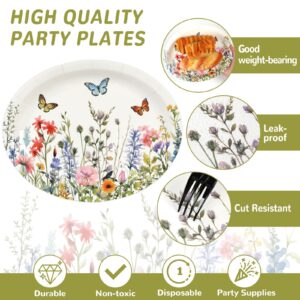 50Pcs Wildflowers Oval Plates Floral Butterfly Paper Plates 9.4*11.6inch Large Disposable Platter for Easter Spring Summer Flowers Blossom Bridal Baby Shower Wedding Birthday Party Supply Decor