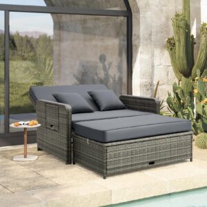 Tangkula Patio Rattan Daybed Set, Wicker Loveseat Sofa w/Multipurpose Ottoman & Retractable Side Tray, 4-Level Adjustable Backrest, Footstool w/Storage, Seat & Back Cushion Included (Gray)