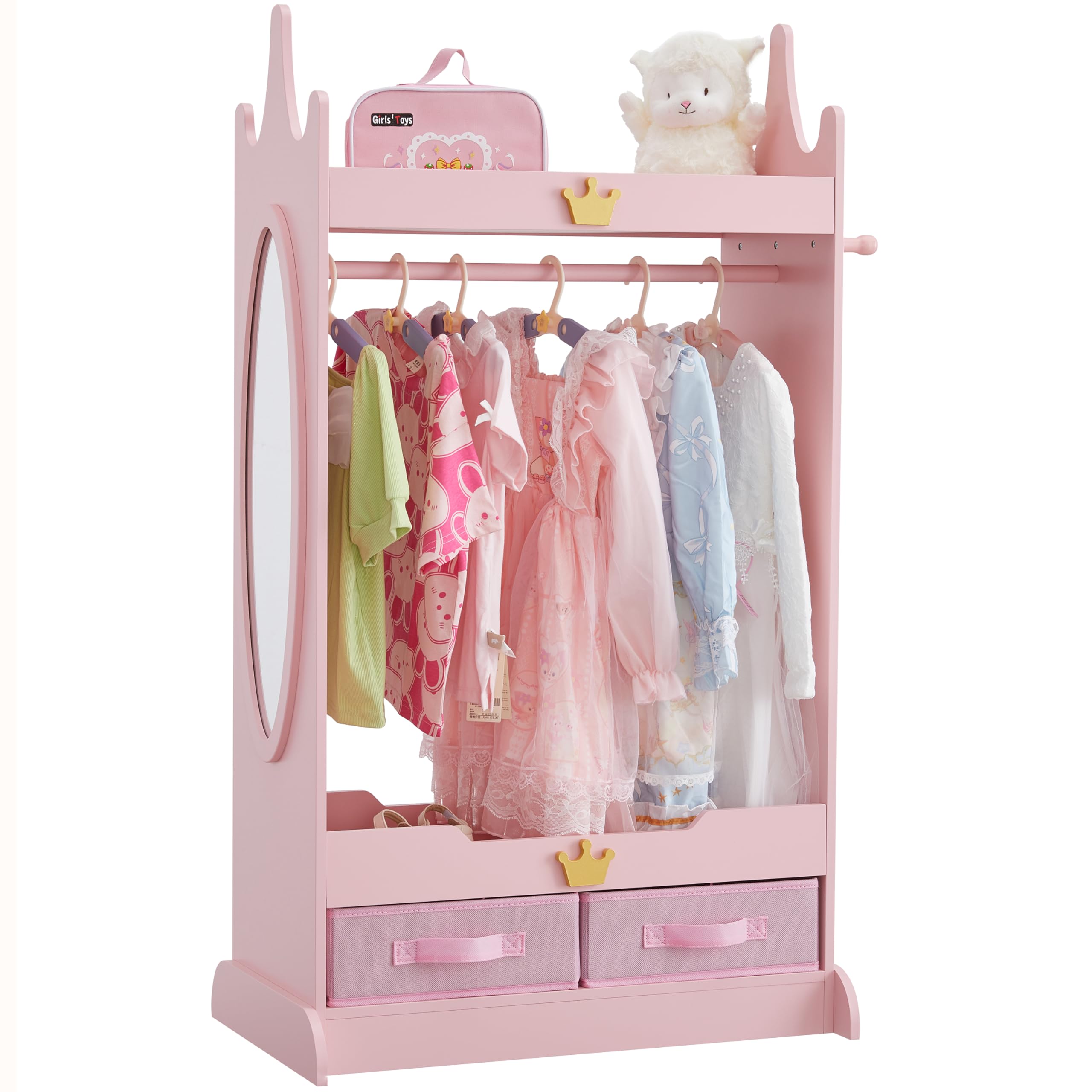 GTOLV Kids Dress Up Storage with Mirror, Kids Armoire with Non-Woven Drawers, Open Costume Closet with Hanging Rack for Toddlers (Pink)