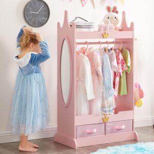 GTOLV Kids Dress Up Storage with Mirror, Kids Armoire with Non-Woven Drawers, Open Costume Closet with Hanging Rack for Toddlers (Pink)