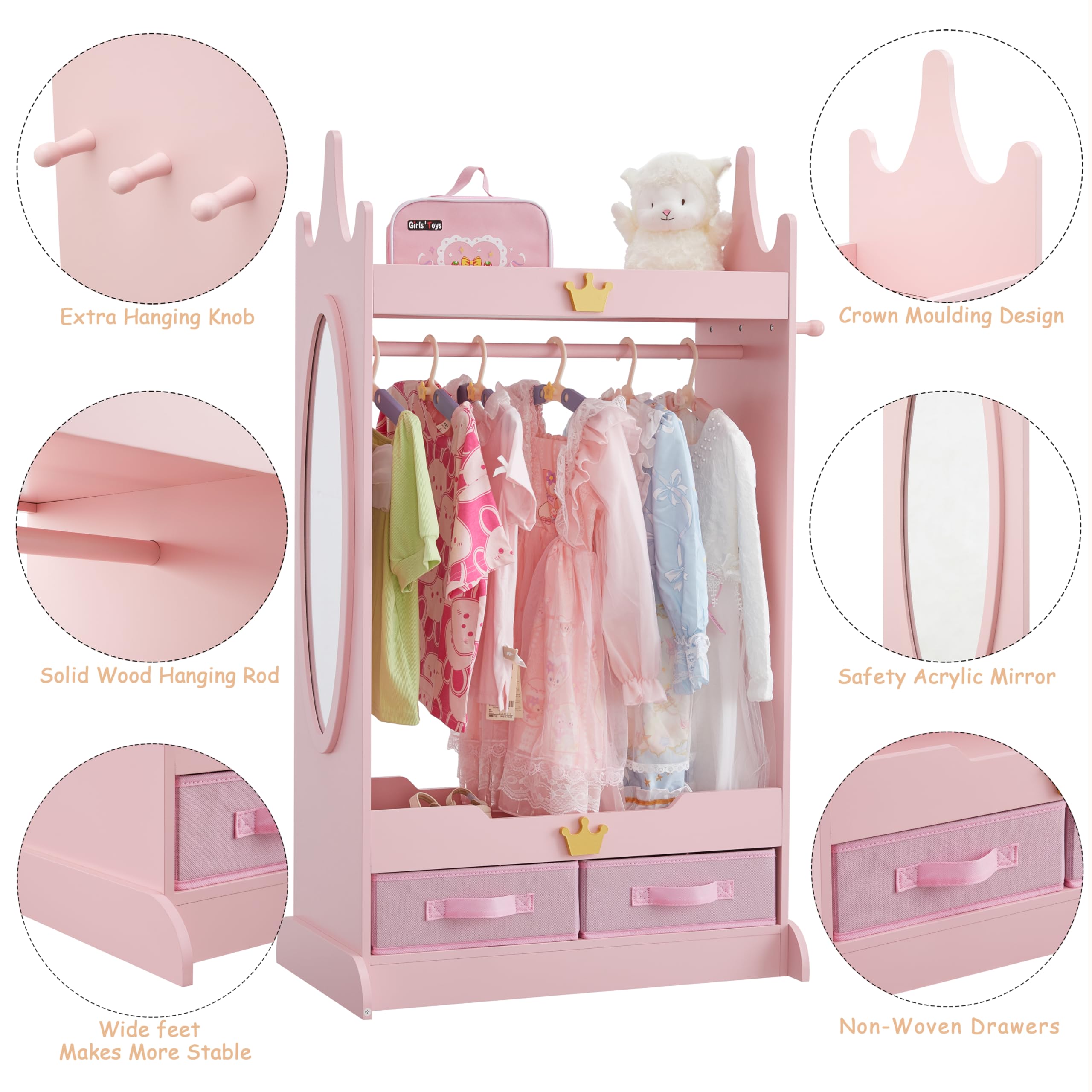 GTOLV Kids Dress Up Storage with Mirror, Kids Armoire with Non-Woven Drawers, Open Costume Closet with Hanging Rack for Toddlers (Pink)