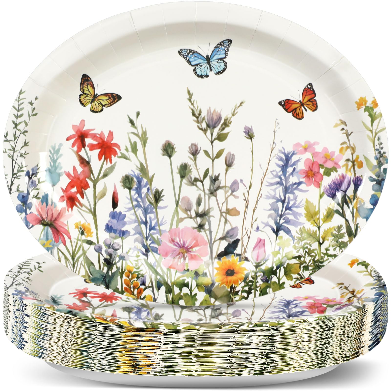 50Pcs Wildflowers Oval Plates Floral Butterfly Paper Plates 9.4*11.6inch Large Disposable Platter for Easter Spring Summer Flowers Blossom Bridal Baby Shower Wedding Birthday Party Supply Decor