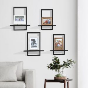 PHOENANCEE Square Floating Shelves Black,Framed Hanging Shelf for Wall Set of 2,Decorative Modern Chic Plants Decor for Living Room Bedroom Bathroom Home Office,Soild Wood,L+S