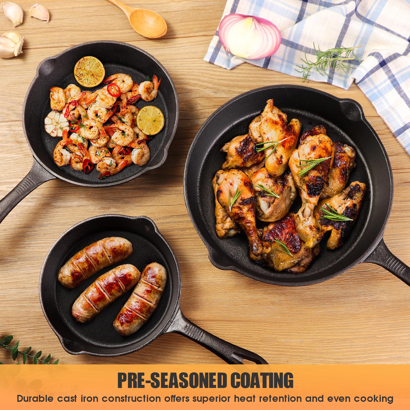 CherHome Cast Iron Skillets 3 Piece，Pre-Seasoned Cast Iron Frying Pan，Cast Iron Fry Pan Skillet Set Includes 6.5in，8in，10in Pans，Ideal for Use on any Type of Cooktop，Oven Safe