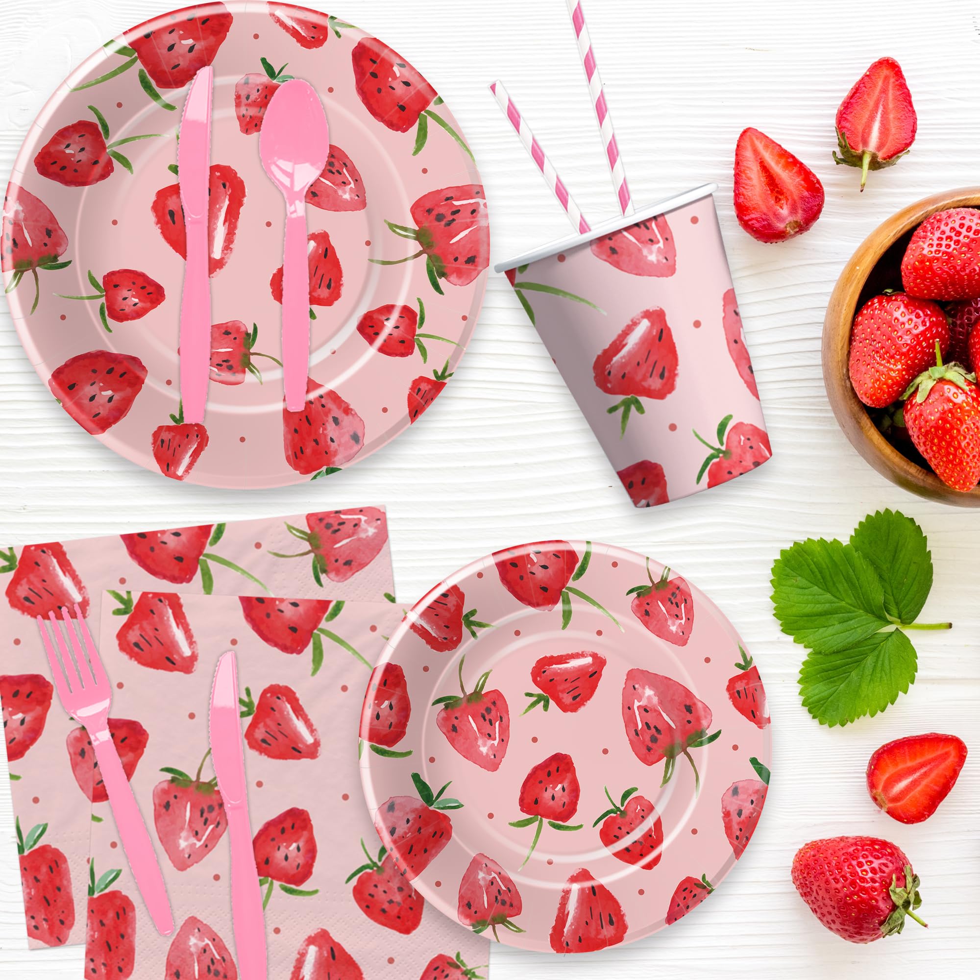 YJRJSC Strawberry Party Decorations Tableware - Strawberry Birthday Party Supplies, Paper Plate, Cup, Napkin, Tablecloth, Disposable Cutlery, Berry Sweet Birthday Baby Shower Decorations | Serve 24