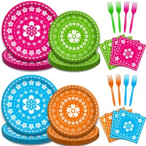 kepeel 96 pcs fiesta party plates, mexican cinco de mayo party decorations supplies mexican papel picado disposable paper plates napkins for taco carnival birthday baby shower tableware, serves 24