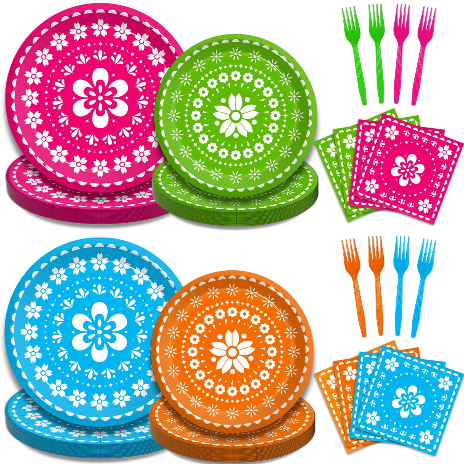 Kepeel 96 Pcs Fiesta Party Plates, Mexican Cinco De Mayo Party Decorations Supplies Mexican Papel Picado Disposable Paper Plates Napkins for Taco Carnival Birthday Baby Shower Tableware, Serves 24