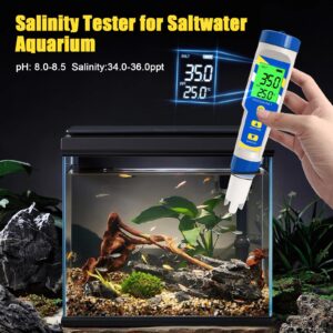 Yewhick Pool Salt Tester, Digital Salinity Tester for Saltwater Aquarium, 5 in 1 pH and Salinity Meter for Saltwater Pool, High Accuracy Salt Meter for Pool, Aquarium, Koi Fish Pond,Hot Tub, Spas