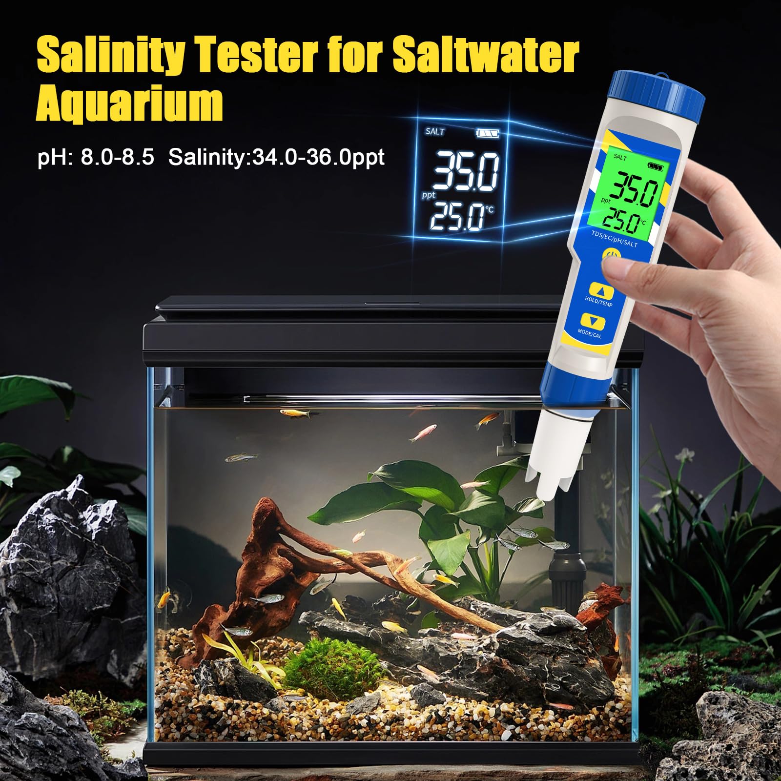 Yewhick Pool Salt Tester, Digital Salinity Tester for Saltwater Aquarium, 5 in 1 pH and Salinity Meter for Saltwater Pool, High Accuracy Salt Meter for Pool, Aquarium, Koi Fish Pond,Hot Tub, Spas