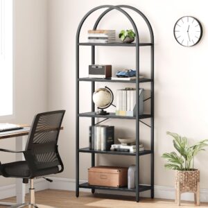 Arched Bookshelf, 5-Tier Open Bookshelf, Modern Bookcase Storage Shelves with Metal Frame, Freestanding Display Rack Tall Shelving Unit for Bedroom, Living Room, Home Office Black Frame + Black Board