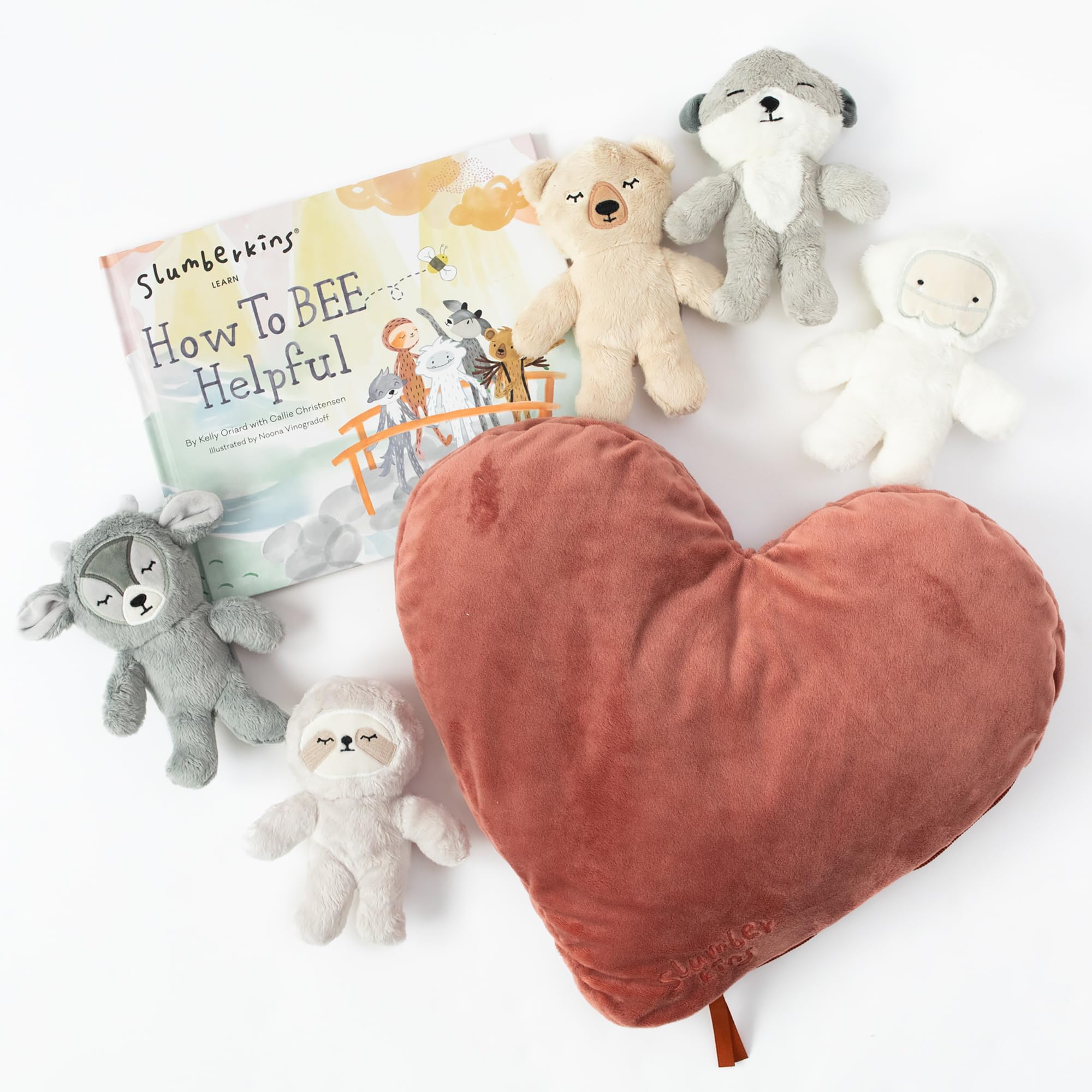 Slumberkins How to Bee Helpful Pillow Set - Includes Heart Pillow, 5 Caring Crew Minis: Honey Bear Mini, Ibex Mini, Otter Mini, Sloth Mini, Yeti Mini and How to Bee Helpful Hardcover Book