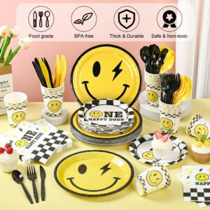 168Pcs One Happy Dude Birthday Paper Plates Yellow Smile Face Party Plates One Happy Dude Plates Cups Napkins Plastic Spoons Forks Knives Party Favors for Birthday Baby Shower Bachelor Party,Serves 24