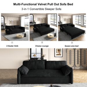 UPYOOE 63.8" Futon Sofa Bed Queen Size, Pull Out Bed, 3-in-1 Convertible Sleeper Sofa with Side Pocket, Modern Velvet Futon Couch for Living Room, Small Space, Apartment, Bedroom, Black