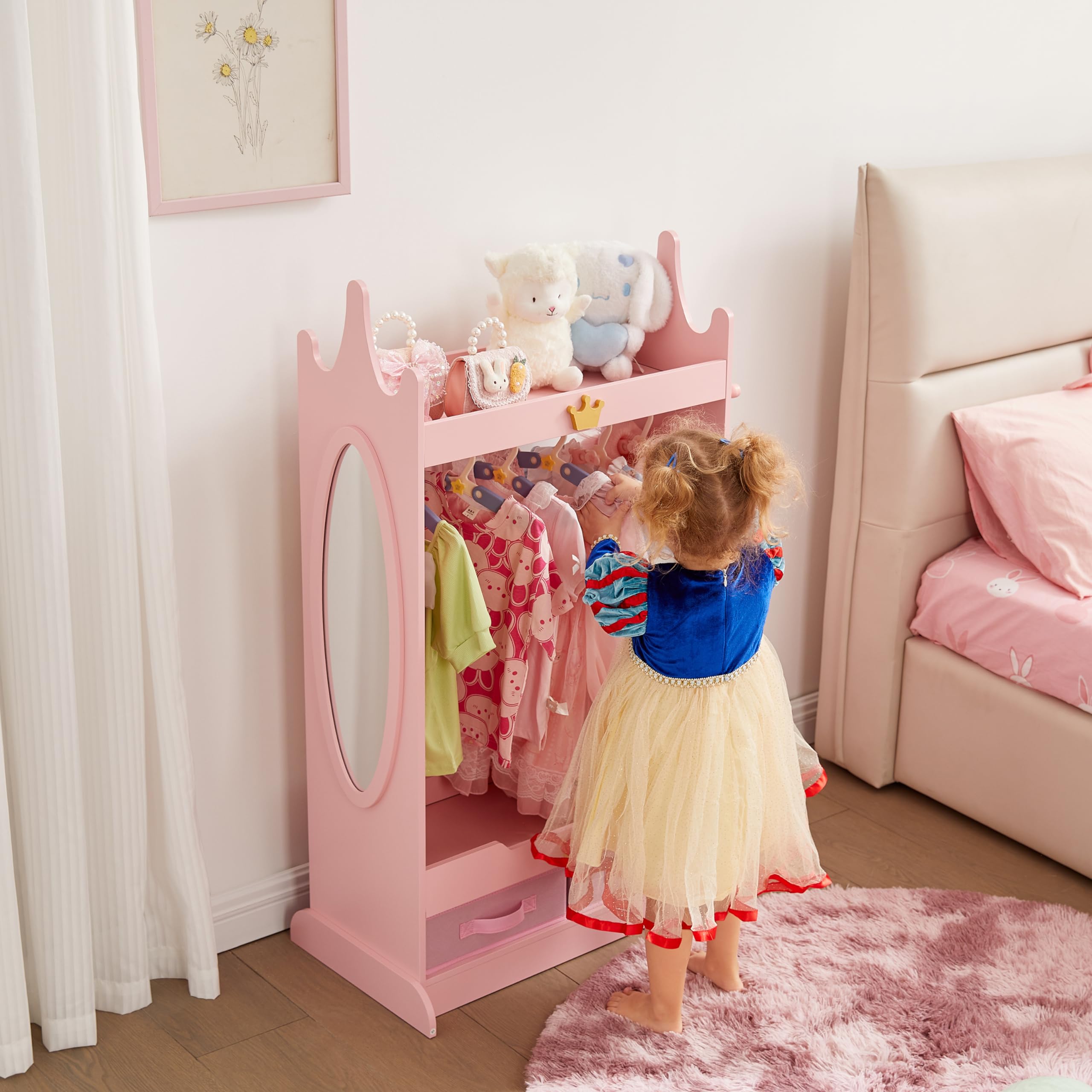 GTOLV Kids Dress Up Storage with Mirror, Kids Armoire with Non-Woven Drawers, Open Costume Closet with Hanging Rack for Toddlers (Pink)