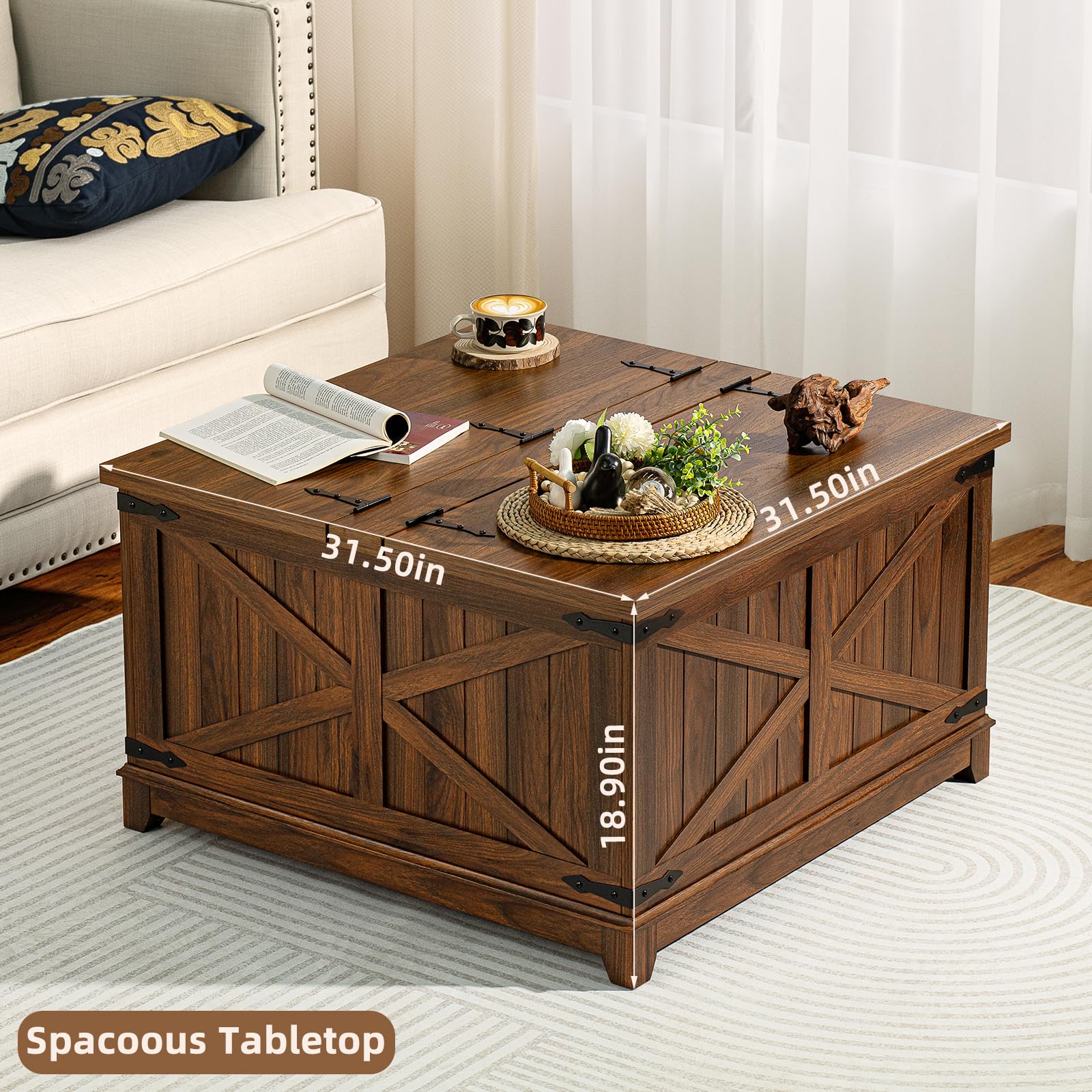 Joaxswe Farmhouse Coffee Table with Hidden Storage Space, Wood Square Large Center Table for Living Room, Farm House Rustic Brown Retro Coffee Tables with Hinged Lift Top for Meeting Room, Home