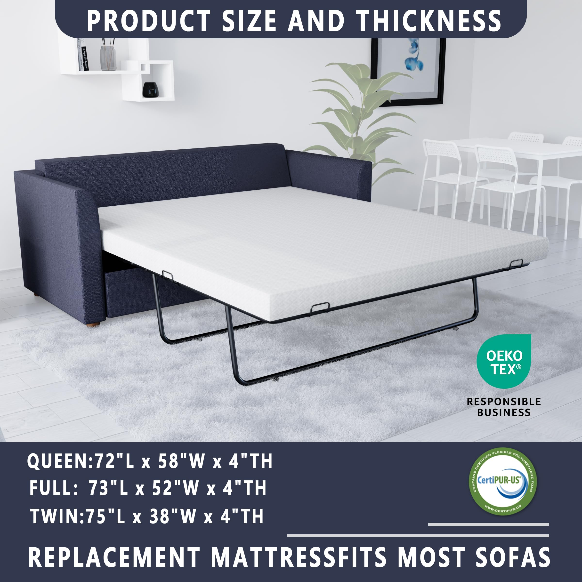 wilzealan 4 Inch Memory Foam Replacement Mattress for Sleeper Sofa and Couch Beds,Full Size,CertiPUR-US Certified,Washable Cover(Sofa Not Included) Generic Dimensions Cover(Sofa Not Included)