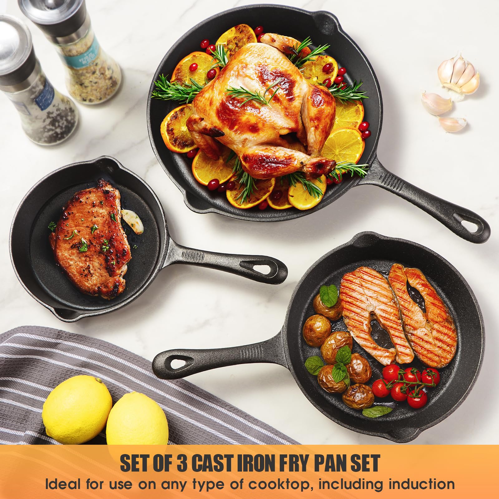 CherHome Cast Iron Skillets 3 Piece，Pre-Seasoned Cast Iron Frying Pan，Cast Iron Fry Pan Skillet Set Includes 6.5in，8in，10in Pans，Ideal for Use on any Type of Cooktop，Oven Safe