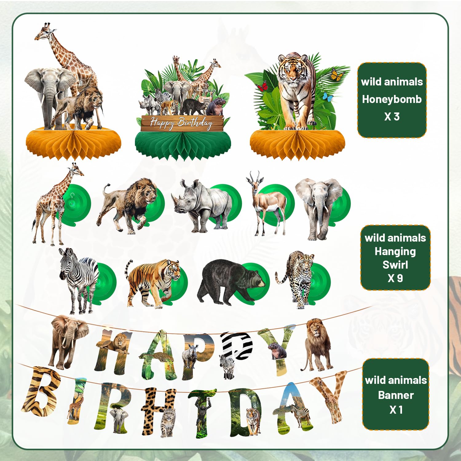 Hokiis Pre-assembled Safari Animals Birthday Decorations Jungle Animal Birthday Banner Table Decoration Honeycomb Wild Jungle Animals Colourful Swirls Cards for Wild Safari Baby Shower Decorations