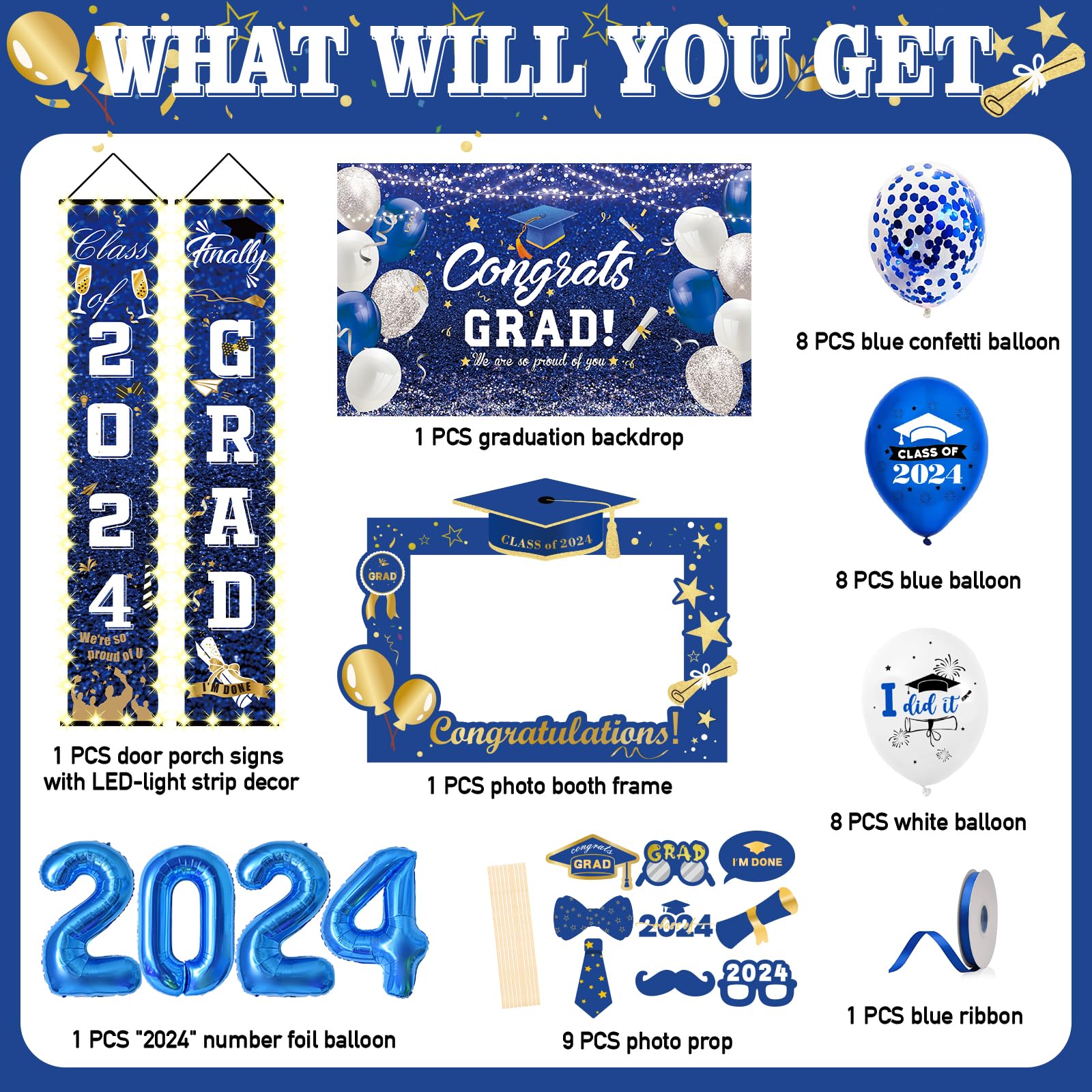 DMIGHT Blue Graduation Party Decorations Class Of 2024 Graduation Party Supplies with Grad Backdrop, Porch Sign with Led-Light Strips, Photo Booth Props,2024 Foil Balloons for Graduation Party