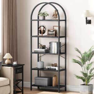 arched bookshelf, 5-tier open bookshelf, modern bookcase storage shelves with metal frame, freestanding display rack tall shelving unit for bedroom, living room, home office black frame + black board