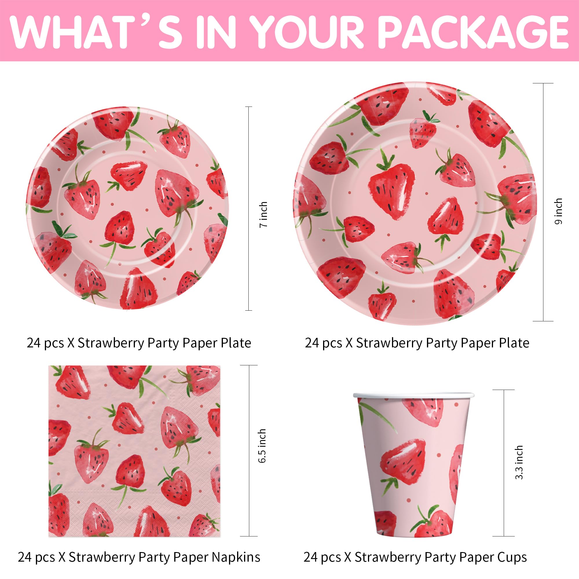 YJRJSC Strawberry Party Decorations Tableware - Strawberry Birthday Party Supplies, Paper Plate, Cup, Napkin, Tablecloth, Disposable Cutlery, Berry Sweet Birthday Baby Shower Decorations | Serve 24