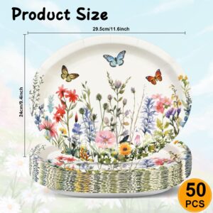 50Pcs Wildflowers Oval Plates Floral Butterfly Paper Plates 9.4*11.6inch Large Disposable Platter for Easter Spring Summer Flowers Blossom Bridal Baby Shower Wedding Birthday Party Supply Decor