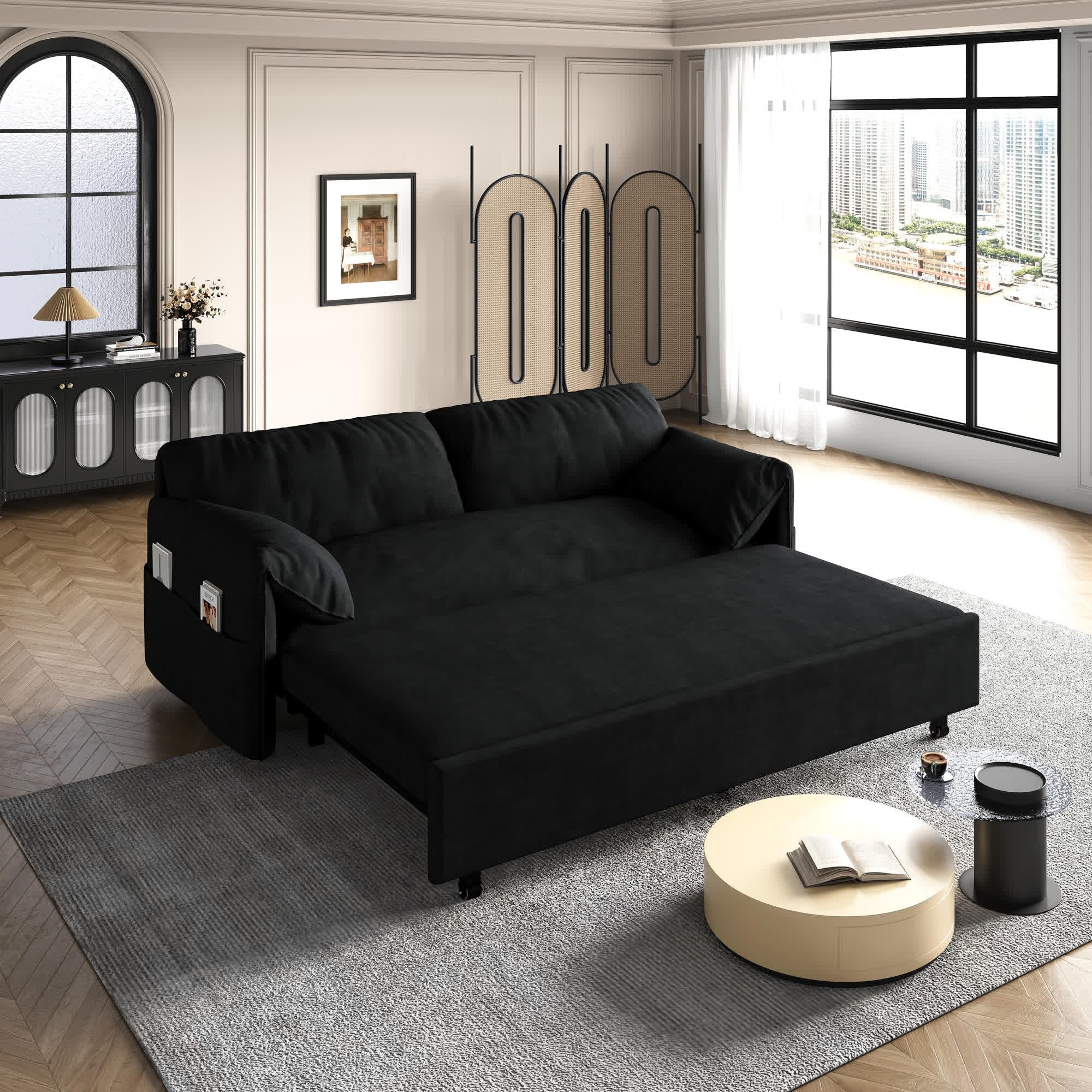 UPYOOE 63.8" Futon Sofa Bed Queen Size, Pull Out Bed, 3-in-1 Convertible Sleeper Sofa with Side Pocket, Modern Velvet Futon Couch for Living Room, Small Space, Apartment, Bedroom, Black