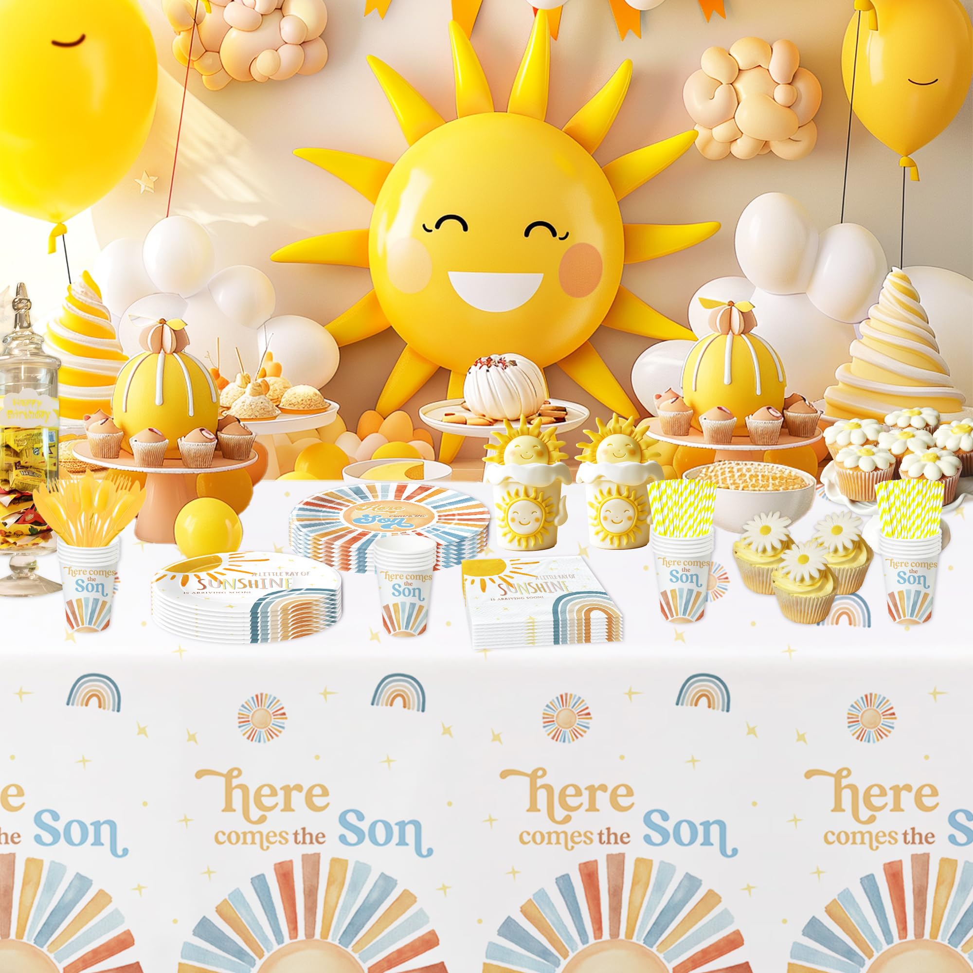 YJRJSC Here Comes The Son Baby Shower Decorations Tableware Boy, Boho Rainbow Sun Baby Shower Party Supplies, Plate, Cup, Napkin, Tablecloth, Cutlery, Sunshine Baby Shower Table Decorations | Serve 24