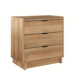 prepac simply modern nightstand bedside table, natural oak nightstand for bedroom, end table with 3 drawers 26.5" w x 26.75" h x 16" d