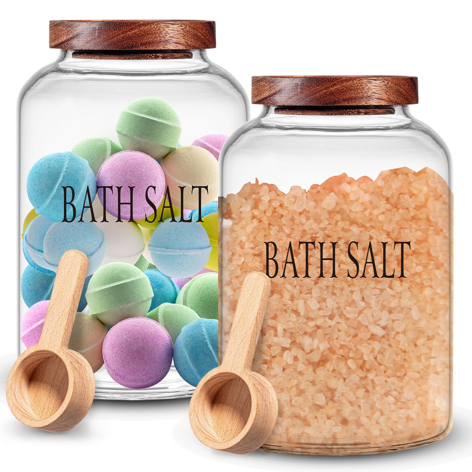 SiliFine 2 Sets 74 oz Large Bath Salt Container with Wooden Scoop for Bath Salt Glass Bath Salt Jar with Airtight Lid Storage Canister for Bath Salt, Food, Flour, Sugar, Cookie, Kitchen