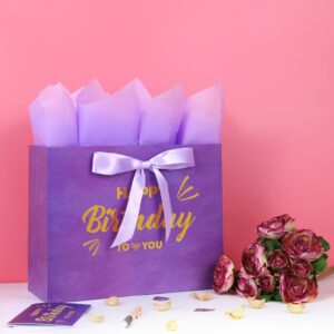 13" Large Purple Painting Gift Bag Set with Greeting Card and Lavender Tissue Papers (Gold Foil Happy Birthday) for Women's Birthday Party, Girls' Birthday Parties, Baby Shower, Baby Girl -