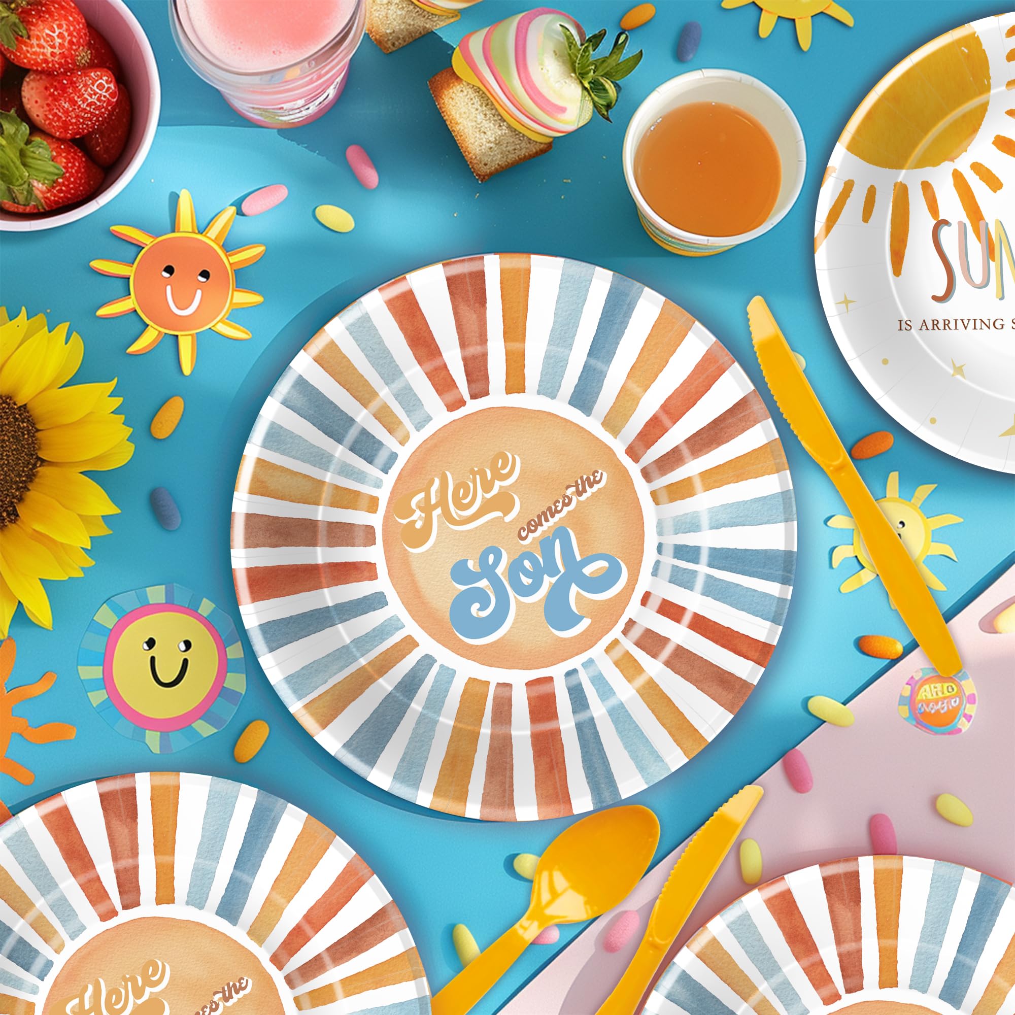 YJRJSC Here Comes The Son Baby Shower Decorations Tableware Boy, Boho Rainbow Sun Baby Shower Party Supplies, Plate, Cup, Napkin, Tablecloth, Cutlery, Sunshine Baby Shower Table Decorations | Serve 24