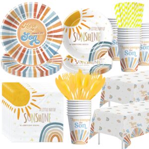 yjrjsc here comes the son baby shower decorations tableware boy, boho rainbow sun baby shower party supplies, plate, cup, napkin, tablecloth, cutlery, sunshine baby shower table decorations | serve 24