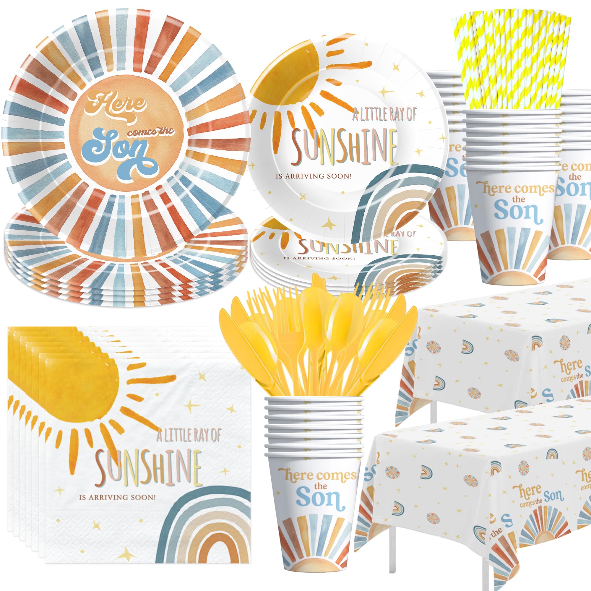 YJRJSC Here Comes The Son Baby Shower Decorations Tableware Boy, Boho Rainbow Sun Baby Shower Party Supplies, Plate, Cup, Napkin, Tablecloth, Cutlery, Sunshine Baby Shower Table Decorations | Serve 24