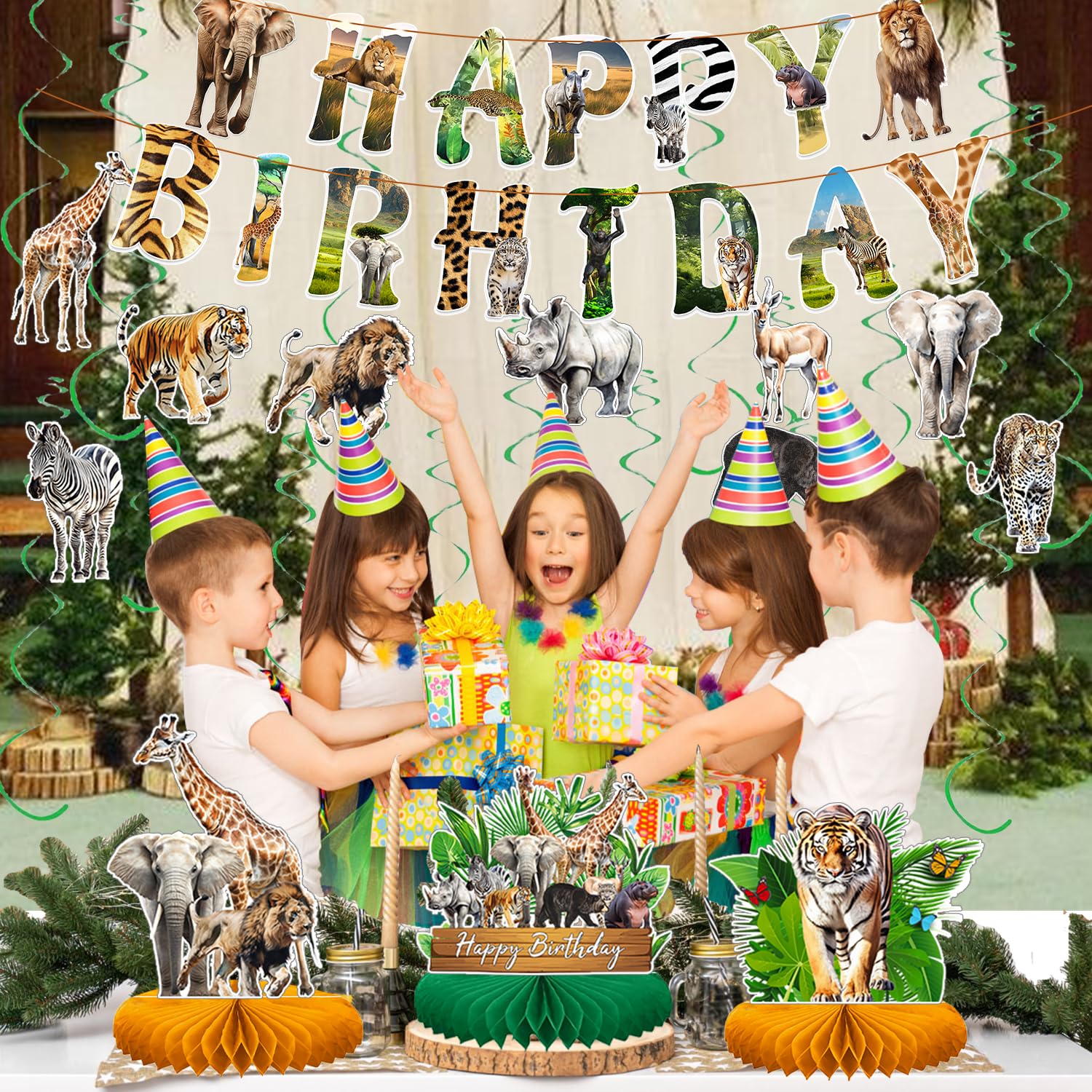 Hokiis Pre-assembled Safari Animals Birthday Decorations Jungle Animal Birthday Banner Table Decoration Honeycomb Wild Jungle Animals Colourful Swirls Cards for Wild Safari Baby Shower Decorations