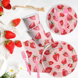 YJRJSC Strawberry Party Decorations Tableware - Strawberry Birthday Party Supplies, Paper Plate, Cup, Napkin, Tablecloth, Disposable Cutlery, Berry Sweet Birthday Baby Shower Decorations | Serve 24