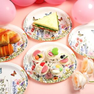 50Pcs Wildflowers Oval Plates Floral Butterfly Paper Plates 9.4*11.6inch Large Disposable Platter for Easter Spring Summer Flowers Blossom Bridal Baby Shower Wedding Birthday Party Supply Decor